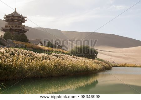 Chinese Pavilion Near Crescent Moon Lake In Desert, Dunhuang, China