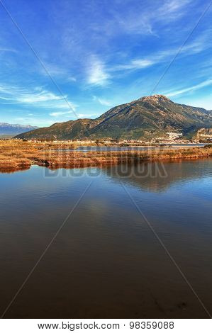 Lake overgrown with reeds mountains in background