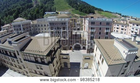 SOCHI, RUSSIA - AUG 2, 2014: Top view of the ski resort hotels in Gorki Gorod at an altitude plus 960 meters above sea level, aerial view