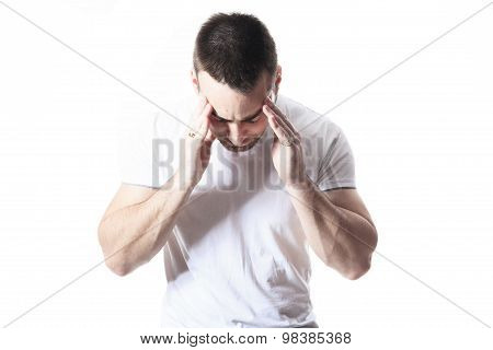 A man with a headache problem over white