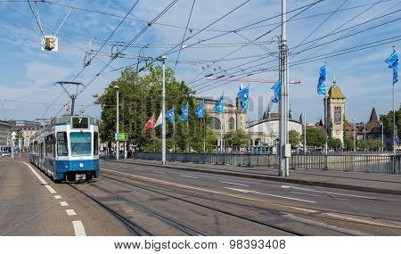 Tram Passing The Bahnhofbruecke Bridge In Zurich