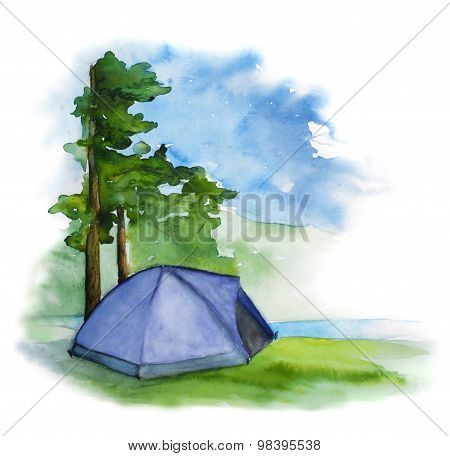 Hand drawn watercolor illustration with tent