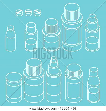 Flat 3d isometric pharmaceutics pharmacy drug line icon set