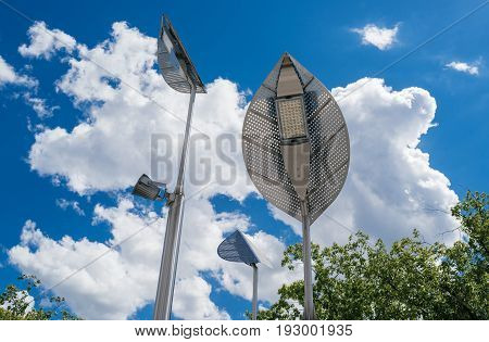 Led Light On Street With Cloud Blue Sky, Free Space For Text. Led Street Lamps, Energy-saving Techno