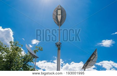 Led Light On Street With Cloud Blue Sky, Free Space For Text. Led Street Lamps, Energy-saving Techno