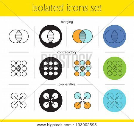 Abstract symbols icons set. Linear, black and color styles. Merging, contradictory, cooperative concepts. Isolated vector illustrations