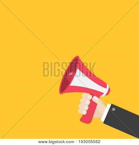 Businessman hand holding megaphone speaker loudspeaker icon. Announcement sign symbol. Flat design. Red color. Right corner template. White background. Isolated. Vector illustration