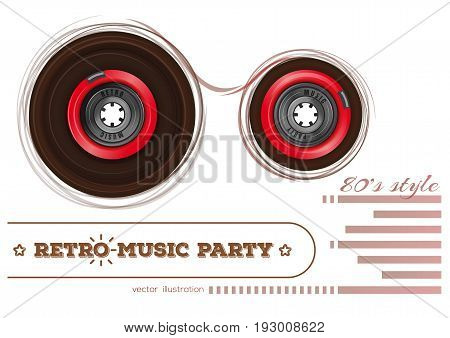 Vintage audiocassette. Retro music party. 80s style. Music design concept with analogue audio cassette tape and lettering. Vector illustration