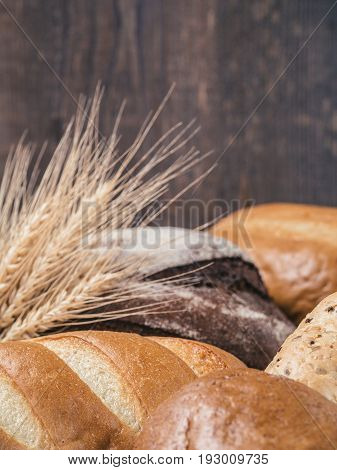 Close up view of differnet bread on brown wooden background. Copy space. Shallow DOF. Vertical.