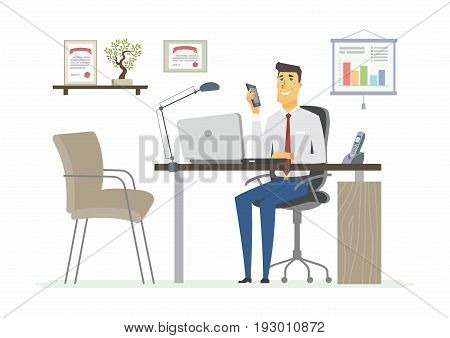 Office Man - vector flat illustration of an employer, colleague, employee. A male worker cartoon character, table, work station. Clock, calendar, note, cabinet, plant, , shelf, speaker, computer, phone