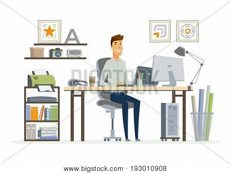 Office Man - vector flat illustration of an employer, colleague, employee. A male worker cartoon character, table, work station. Clock, calendar, note, cabinet, plant, , shelf, speaker, computer, phone