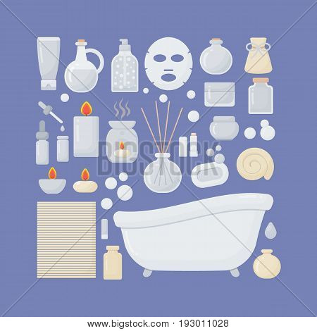 Bathroom vector flat icons set big set of flat design interior body care and cosmetic products objects isolated on the dark background vector illustration