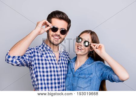 Summer And Fun Mood. Young Students Are Wearing Trendy Sunglasses And Smile, In Casual Shirts, Posin