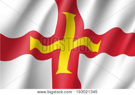 Guernsey, island in the English Channel, civil and state flag, bright red and gold cross within it on white background. Vector realistic style illustration