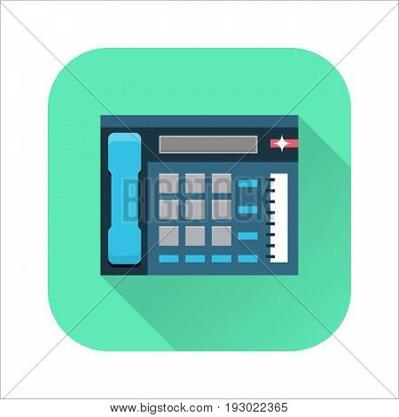 Office telephone flat icon, multiline phone system, communication center. Vector flat style cartoon illustration with long shadow on green background. Business concept