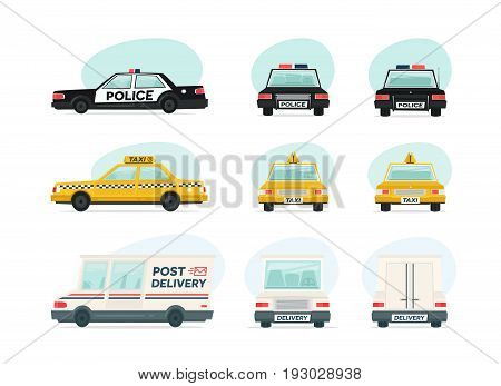 Set of cartoon ambulance, police and yellow taxi car. Delivery, law and aid symbol. auto, trailer and van design template. Isolated objects on white background in flat style.