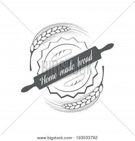 Vector stylized black-and-white logo for the bakery with a picture of wheat rolling pin and dough bread.