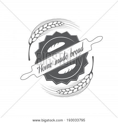 Vector stylized black-and-white logo for the bakery with a picture of wheat rolling pin and dough bread.