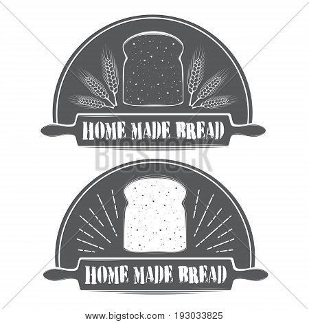 Vector stylized black-and-white logo for the bakery with a picture of wheat rolling pin and dough bread.