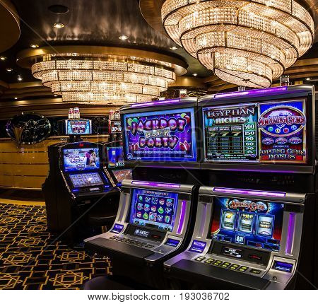 Cruise liner Splendida - May 12, 2017: Gaming slot machines in gambling casino, cruise liner Splendida, MSC