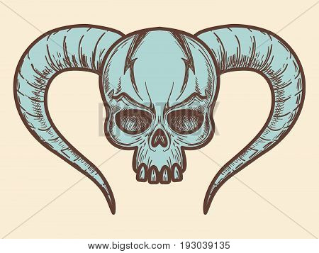 Aggressive monters skull with horns in blue color. Vector illustration
