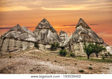 Cappadocia, Turkey. Sunset volcanic rock natural landscape