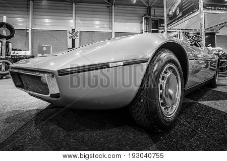 MAASTRICHT NETHERLANDS - JANUARY 15 2016: Mid-engined two-seat coupe Maserati Bora 1973. Black and white. International Exhibition InterClassics & Topmobiel 2016