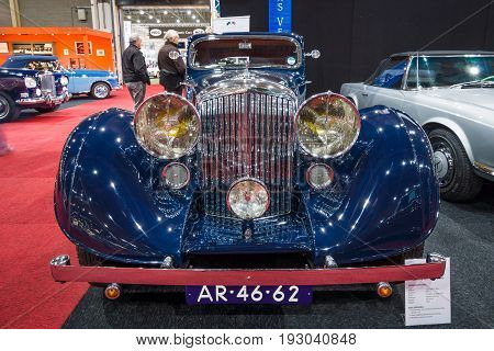 MAASTRICHT NETHERLANDS - JANUARY 15 2016: Luxury car Bentley 3.5 Litre Coupe by Gurney Nutting 1936. International Exhibition InterClassics & Topmobiel 2016
