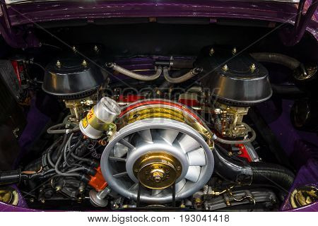 MAASTRICHT NETHERLANDS - JANUARY 15 2016: The engine of a sports car Porsche 911 RS closeup 1973. International Exhibition InterClassics & Topmobiel 2016