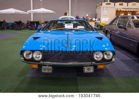 MAASTRICHT NETHERLANDS - JANUARY 15 2016: Grand tourer coupe Lamborghini Espada Series II 1972. International Exhibition InterClassics & Topmobiel 2016