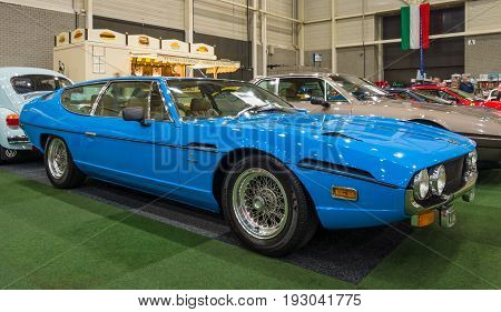 MAASTRICHT NETHERLANDS - JANUARY 15 2016: Grand tourer coupe Lamborghini Espada Series II 1972. International Exhibition InterClassics & Topmobiel 2016