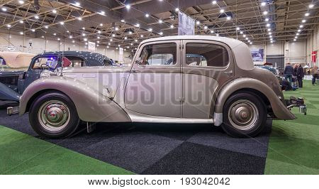 MAASTRICHT NETHERLANDS - JANUARY 15 2016: Vintage car Alvis Three Litre TA 21 Saloon 1952. International Exhibition InterClassics & Topmobiel 2016