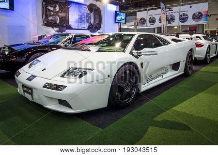 MAASTRICHT NETHERLANDS - JANUARY 15 2016: High-performance mid-engined sports car Lamborghini Diablo VT 6.0 2000. International Exhibition InterClassics & Topmobiel 2016