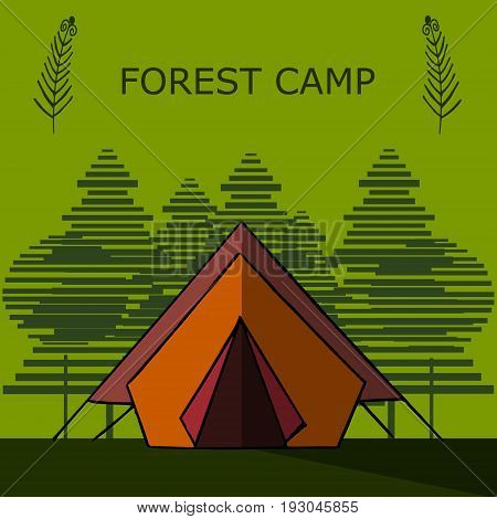Graphical camping illustration made in flat style. Vector camping concept with tent and nature around.