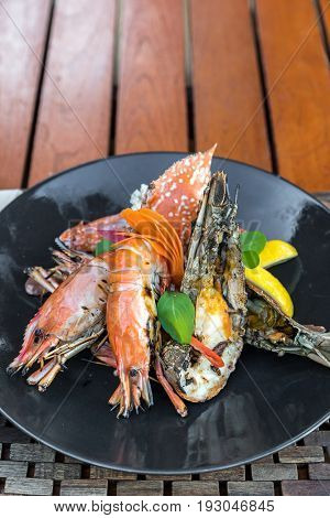 seafood platter delicious grilled prawn; rock lobster and red crab
