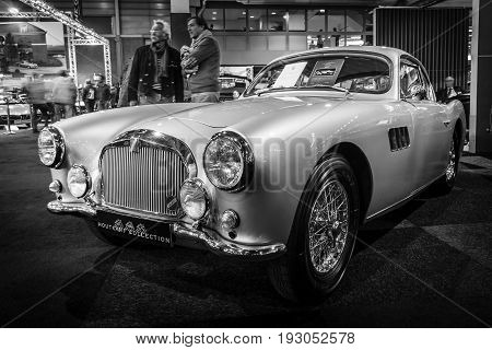 MAASTRICHT NETHERLANDS - JANUARY 15 2016: Sports car Talbot-Lago T14 LS Special 1956. Black and white. International Exhibition InterClassics & Topmobiel 2016