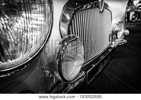 MAASTRICHT NETHERLANDS - JANUARY 15 2016: Fragment of a sports car Talbot-Lago T14 LS Special 1956. Black and white. International Exhibition InterClassics & Topmobiel 2016