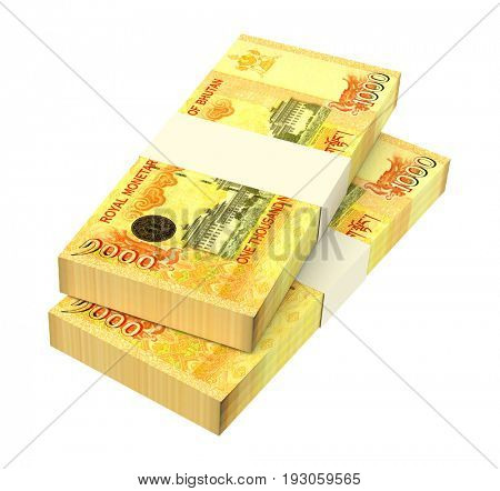 Bhutanese ngultrum bills isolated on white background. 3D illustration.