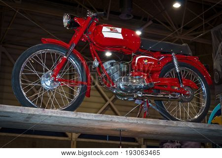 MAASTRICHT NETHERLANDS - JANUARY 15 2016: Motorbike Moto Morini Corsarino 48cc. International Exhibition InterClassics & Topmobiel 2016