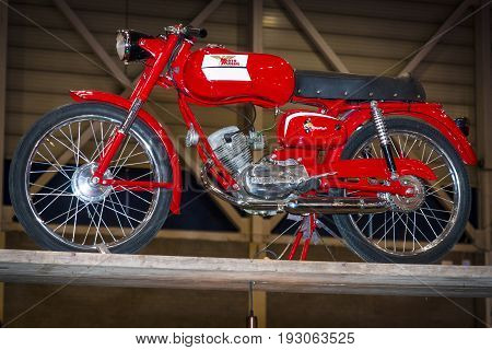 MAASTRICHT NETHERLANDS - JANUARY 15 2016: Motorbike Moto Morini Corsarino 48cc. International Exhibition InterClassics & Topmobiel 2016