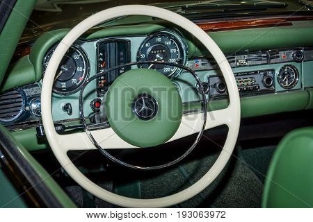 MAASTRICHT NETHERLANDS - JANUARY 15 2016: Cabin of sports car Mercedes-Benz 230SL (W113). International Exhibition InterClassics & Topmobiel 2016