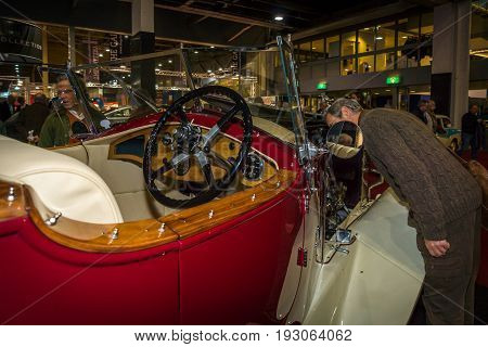 MAASTRICHT NETHERLANDS - JANUARY 15 2016: Cabin of luxury car Rolls-Royce Phantom I Boat-tail Tourer 1928. International Exhibition InterClassics & Topmobiel 2016
