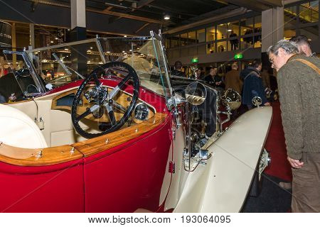 MAASTRICHT NETHERLANDS - JANUARY 15 2016: Cabin of luxury car Rolls-Royce Phantom I Boat-tail Tourer 1928. International Exhibition InterClassics & Topmobiel 2016