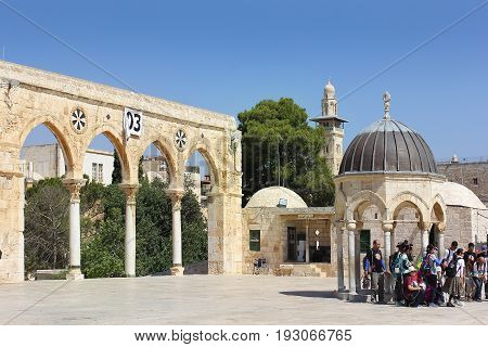 JERUSALEM, ISRAEL - June 15, 2017: group of asian tourists at the Temple Mount complex, Temple Mount, Old City of Jerusalem, Israel