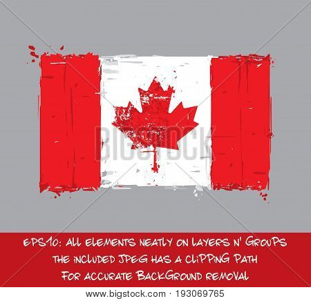 Canadian Flat Flag - Vector Artistic Brush Strokes and Splashes. Grunge Illustration all elements neatly on layers and groups. The JPEG has a clipping path for accurate background removal