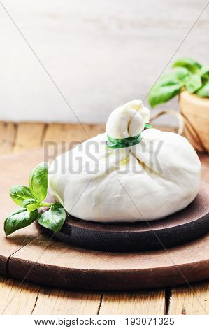 Burrata fresh Italian cheese on a wooden light background.