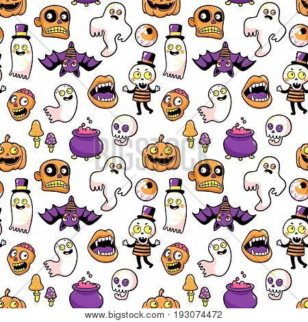 Halloween seamless pattern with fashion patch badges with ghost, pumpkin, vampire, black cat, skeleton and other elements. Vector background with stickers, pins, patches in cartoon comic style.