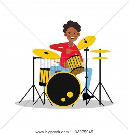 Young black mucisian man playing on drum kit cartoon character vector Illustration isolated on a white background