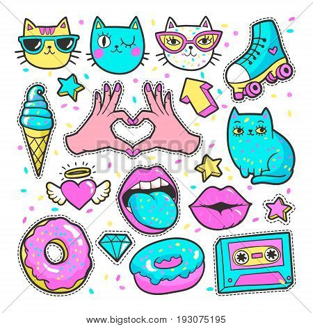 Fashion patch badges with lips, hearts, cats, stars and other elements for girls. Vector illustration isolated on white background. Set of stickers, pins, patches in cartoon 80s-90s comic style.
