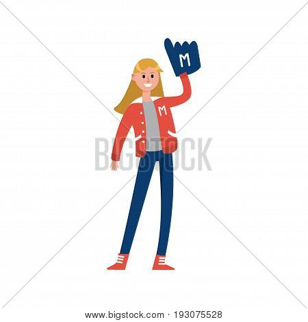 Sport fun girl standing and rising hand with foam finger glove cartoon character, supporter of american football vector Illustration isolated on a white background